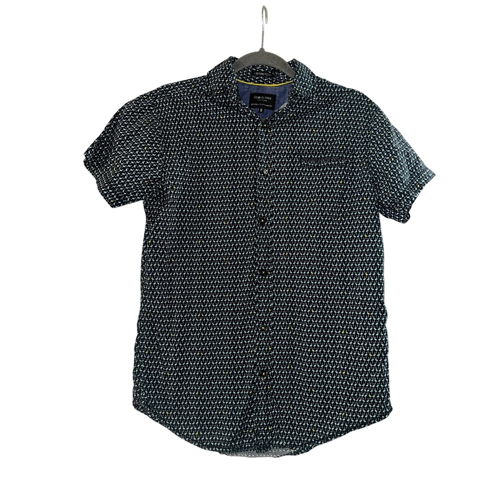 Geometrix New York Mens Flamingo Print Short Sleeve Button Down Shirt Navy Small